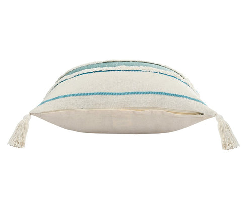 20" Off White And Turquoise Beach Striped Cotton Throw Pillow Cover with Tassels