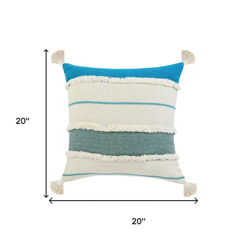 20" Off White And Turquoise Beach Striped Cotton Throw Pillow Cover with Tassels