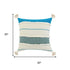20" Off White And Turquoise Beach Striped Cotton Throw Pillow Cover with Tassels