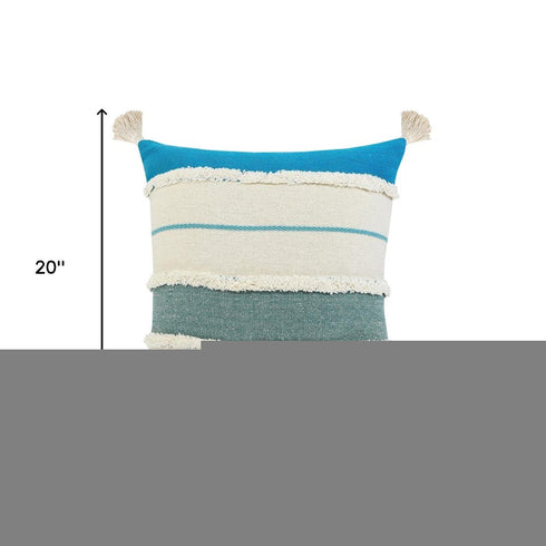 20" Off White And Turquoise Beach Striped Cotton Throw Pillow Cover with Tassels