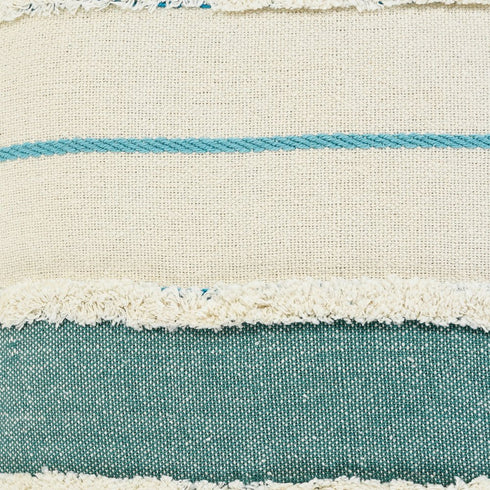 20" Off White And Turquoise Beach Striped Cotton Throw Pillow Cover with Tassels