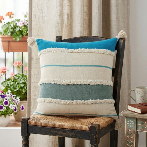 20" Off White And Turquoise Beach Striped Cotton Throw Pillow Cover with Tassels