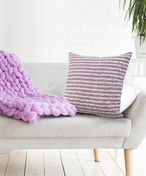 20" Lavender And Off White Striped Cotton Throw Pillow Cover with Tufts