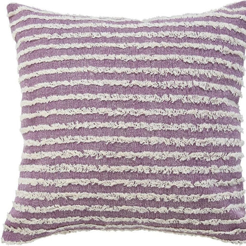 20" Lavender And Off White Striped Cotton Throw Pillow Cover with Tufts