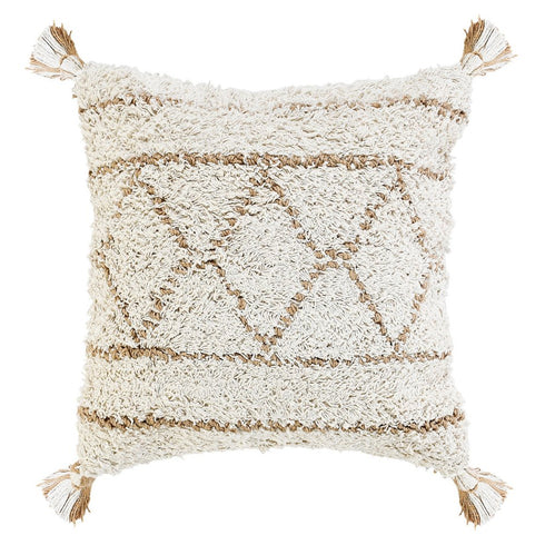 20" Ivory And Beige Geometric Cotton Blend Throw Pillow Cover with Tassels