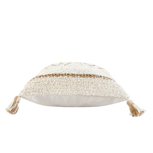 20" Ivory And Beige Geometric Cotton Blend Throw Pillow Cover with Tassels