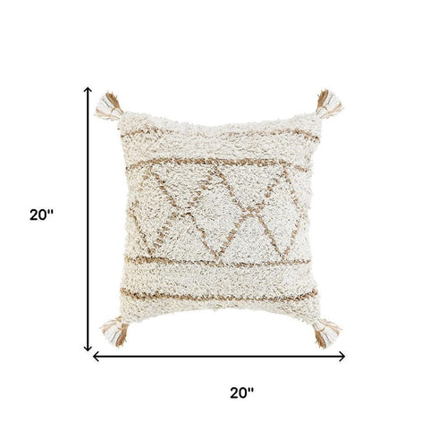 20" Ivory And Beige Geometric Cotton Blend Throw Pillow Cover with Tassels