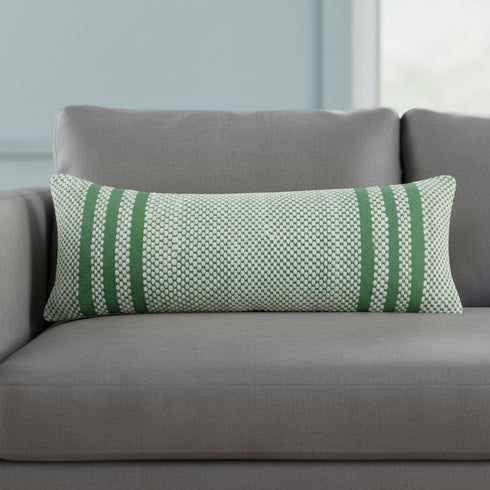 14" X 36" Green And White Lumbar Striped Cotton Blend Throw Pillow Cover