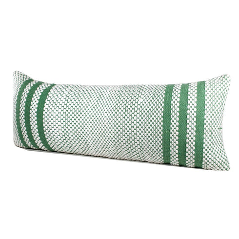 14" X 36" Green And White Lumbar Striped Cotton Blend Throw Pillow Cover