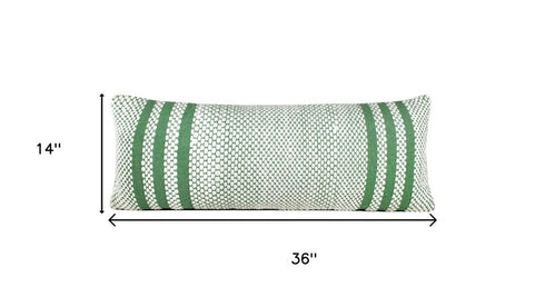 14" X 36" Green And White Lumbar Striped Cotton Blend Throw Pillow Cover