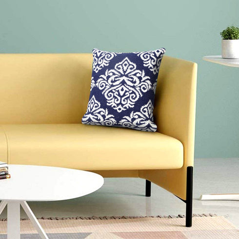 20" Blue And White Medallion Cotton Blend Throw Pillow Cover