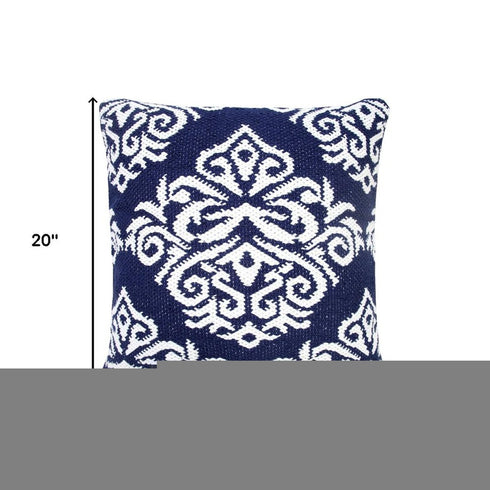 20" Blue And White Medallion Cotton Blend Throw Pillow Cover