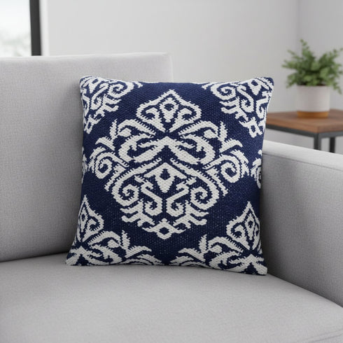 20" Blue And White Medallion Cotton Blend Throw Pillow Cover