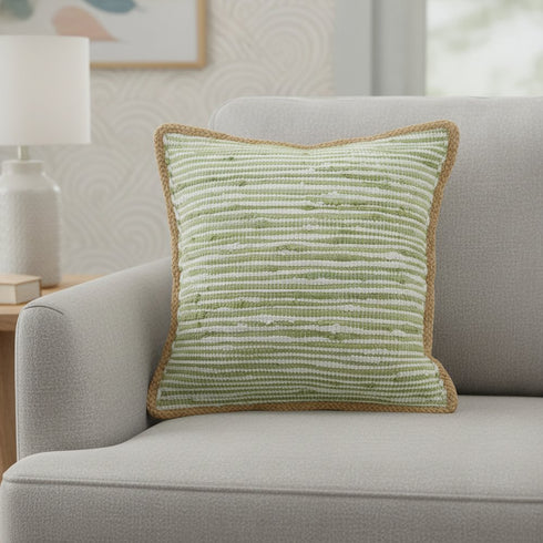 20" Green And White Beach Striped Cotton Blend Throw Pillow Cover