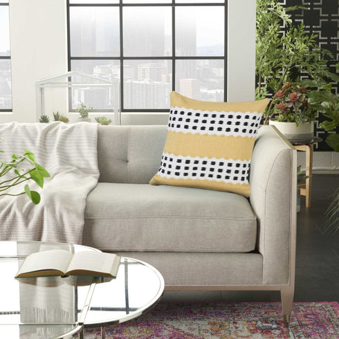20" Yellow And Black Striped Cotton Throw Pillow Cover
