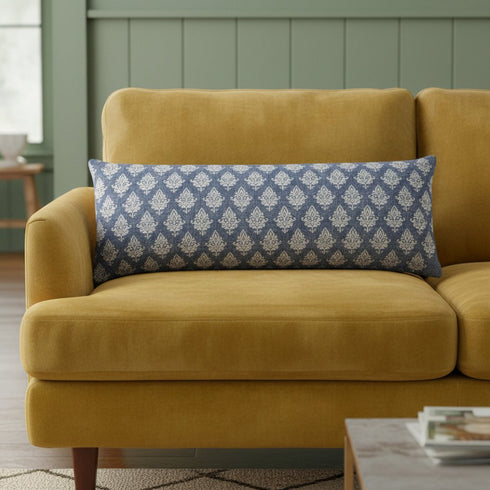 14" X 36" Blue And White Lumbar Damask Cotton Throw Pillow Cover