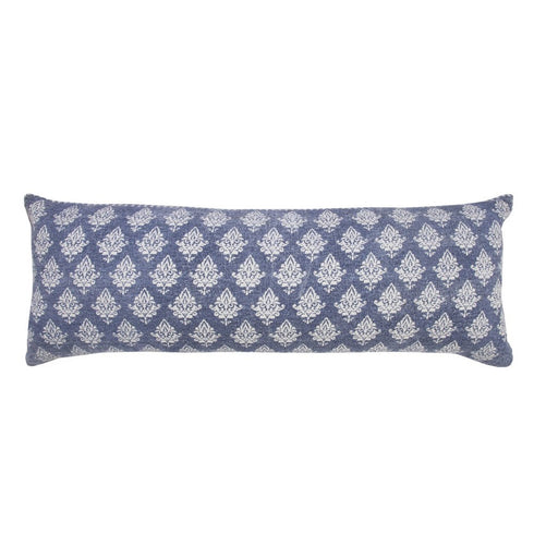 14" X 36" Blue And White Lumbar Damask Cotton Throw Pillow Cover
