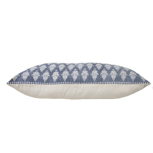 14" X 36" Blue And White Lumbar Damask Cotton Throw Pillow Cover
