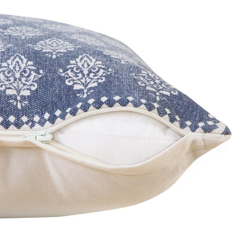 14" X 36" Blue And White Lumbar Damask Cotton Throw Pillow Cover