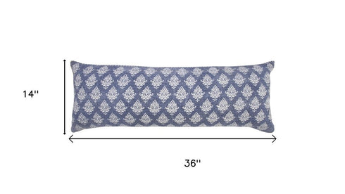 14" X 36" Blue And White Lumbar Damask Cotton Throw Pillow Cover