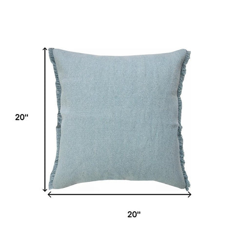 20" Blue Cotton Throw Pillow Cover with Fringe