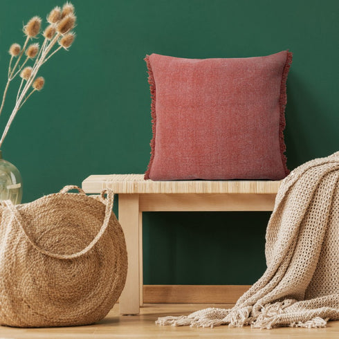 20" Red Cotton Throw Pillow Cover with Fringe
