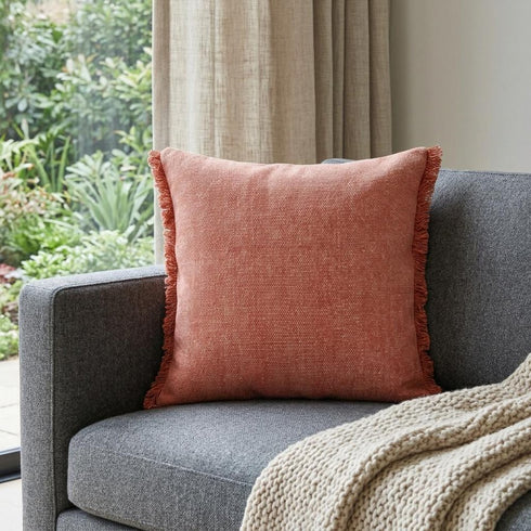 20" Red Cotton Throw Pillow Cover with Fringe
