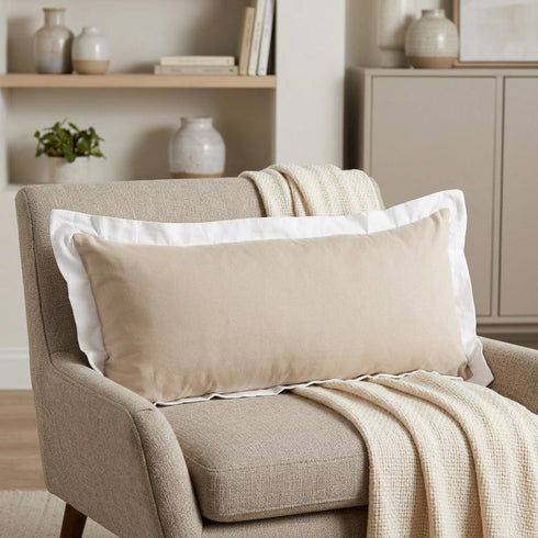 14" X 36" Beige And White Lumbar Color Block Cotton Throw Pillow Cover