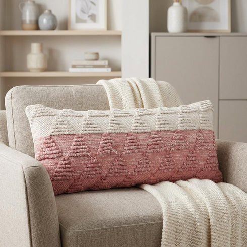 14" X 36" Pink And White Lumbar Geometric Cotton Throw Pillow Cover with Texture
