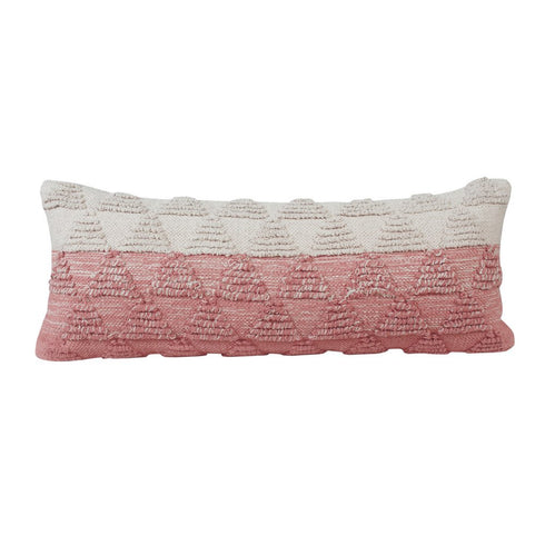 14" X 36" Pink And White Lumbar Geometric Cotton Throw Pillow Cover with Texture