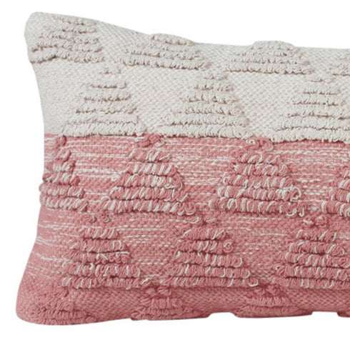 14" X 36" Pink And White Lumbar Geometric Cotton Throw Pillow Cover with Texture