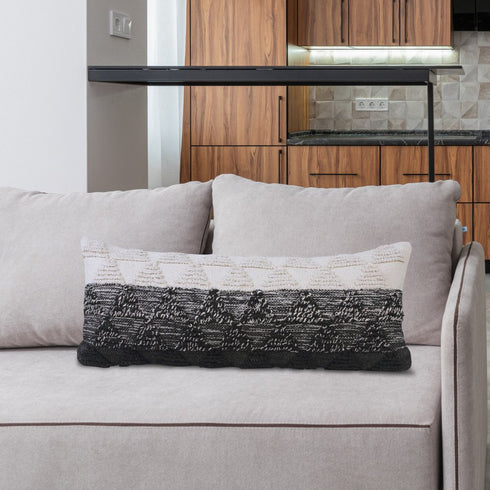 14" X 36" Black And White Lumbar Geometric Cotton Throw Pillow Cover with Texture