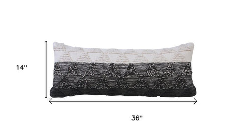 14" X 36" Black And White Lumbar Geometric Cotton Throw Pillow Cover with Texture