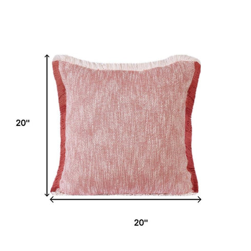 20" Red And White Color Block Cotton Throw Pillow Cover with Fringe