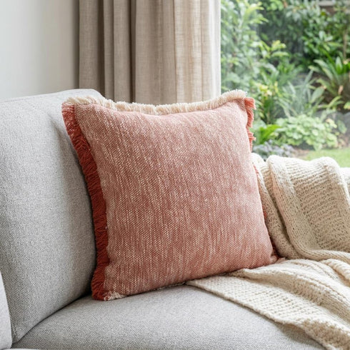 20" Red And White Color Block Cotton Throw Pillow Cover with Fringe