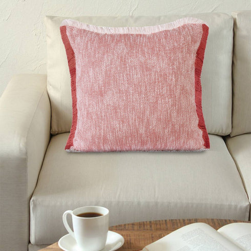 20" Red And White Color Block Cotton Throw Pillow Cover with Fringe