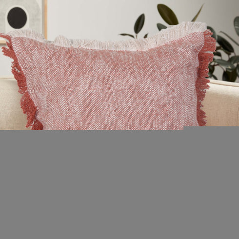 20" Red And White Color Block Cotton Throw Pillow Cover with Fringe