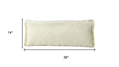 14" X 36" White And Yellow Lumbar Cotton Throw Pillow Cover with Fringe