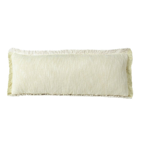 14" X 36" White And Yellow Lumbar Cotton Throw Pillow Cover with Fringe