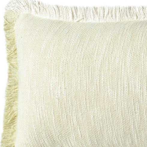 14" X 36" White And Yellow Lumbar Cotton Throw Pillow Cover with Fringe