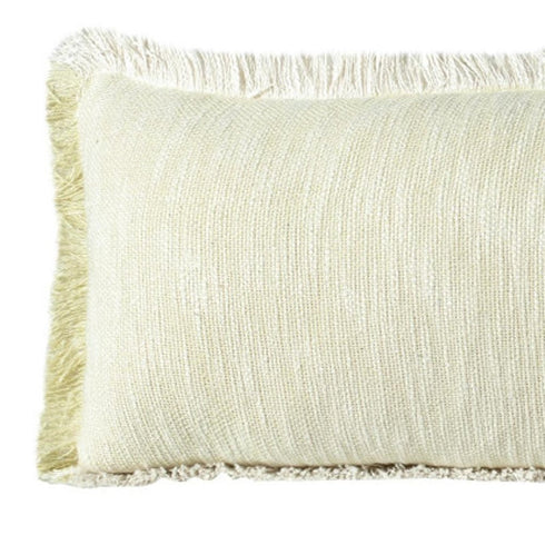 14" X 36" White And Yellow Lumbar Cotton Throw Pillow Cover with Fringe