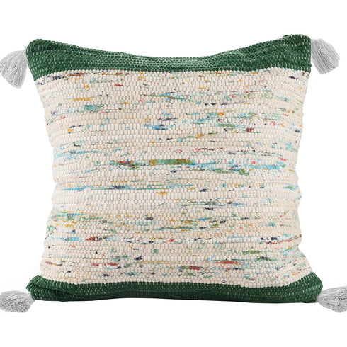 18" Green Cream And Blue Color Block Cotton Throw Pillow Cover with Tassels