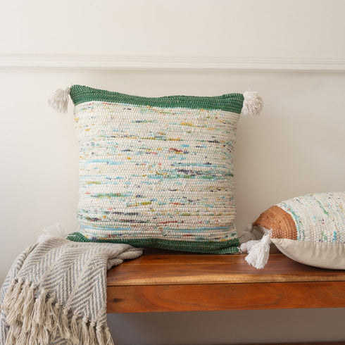 18" Green Cream And Blue Color Block Cotton Throw Pillow Cover with Tassels