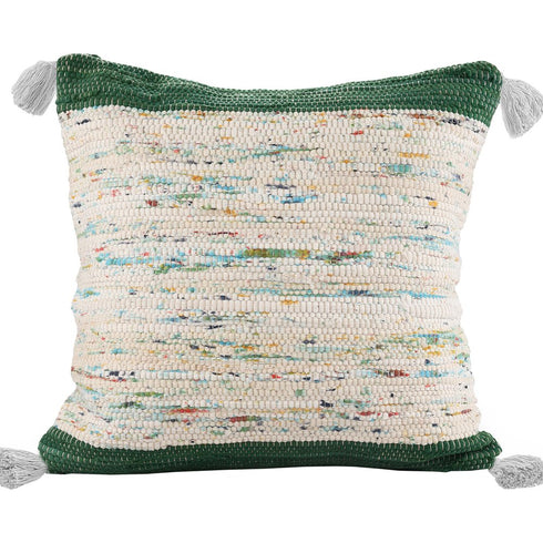 18" Green Cream And Blue Color Block Cotton Throw Pillow Cover with Tassels