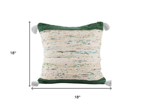18" Green Cream And Blue Color Block Cotton Throw Pillow Cover with Tassels