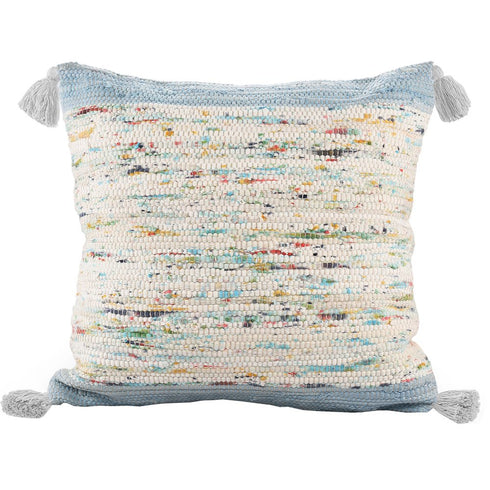 20" Light Blue And Cream Color Block Cotton Throw Pillow Cover with Tassels