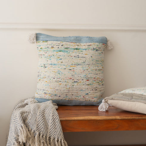 20" Light Blue And Cream Color Block Cotton Throw Pillow Cover with Tassels