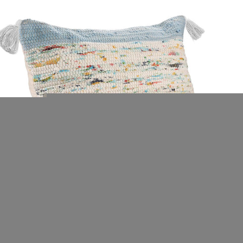 20" Light Blue And Cream Color Block Cotton Throw Pillow Cover with Tassels