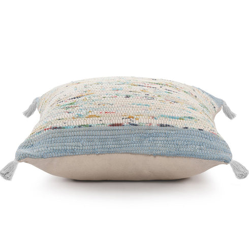 20" Light Blue And Cream Color Block Cotton Throw Pillow Cover with Tassels