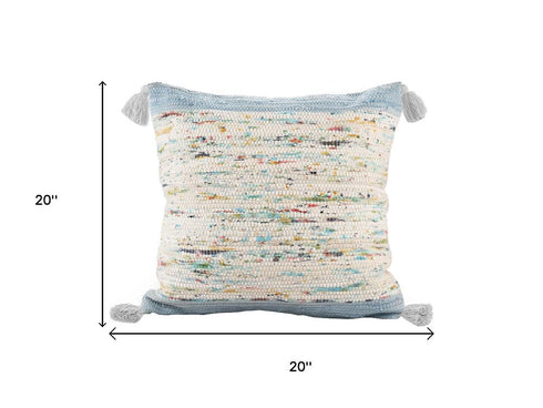 20" Light Blue And Cream Color Block Cotton Throw Pillow Cover with Tassels